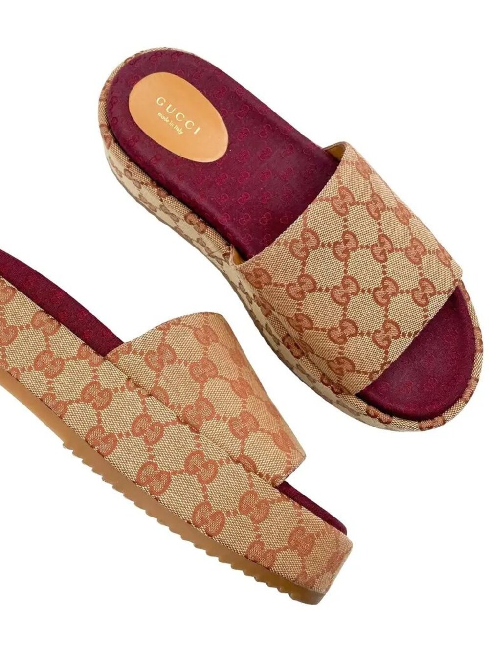 Gucci Angelina GG Platform Slide Sandals Flat Monogram Tan Burgundy Sz 40, 9-10